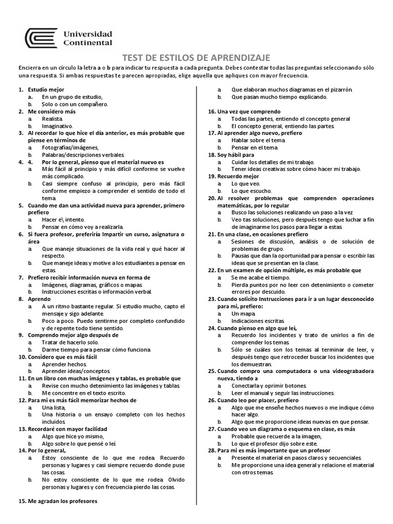 Test de Estilos de Aprendizaje para Adolescentes | PDF | Teoría ...