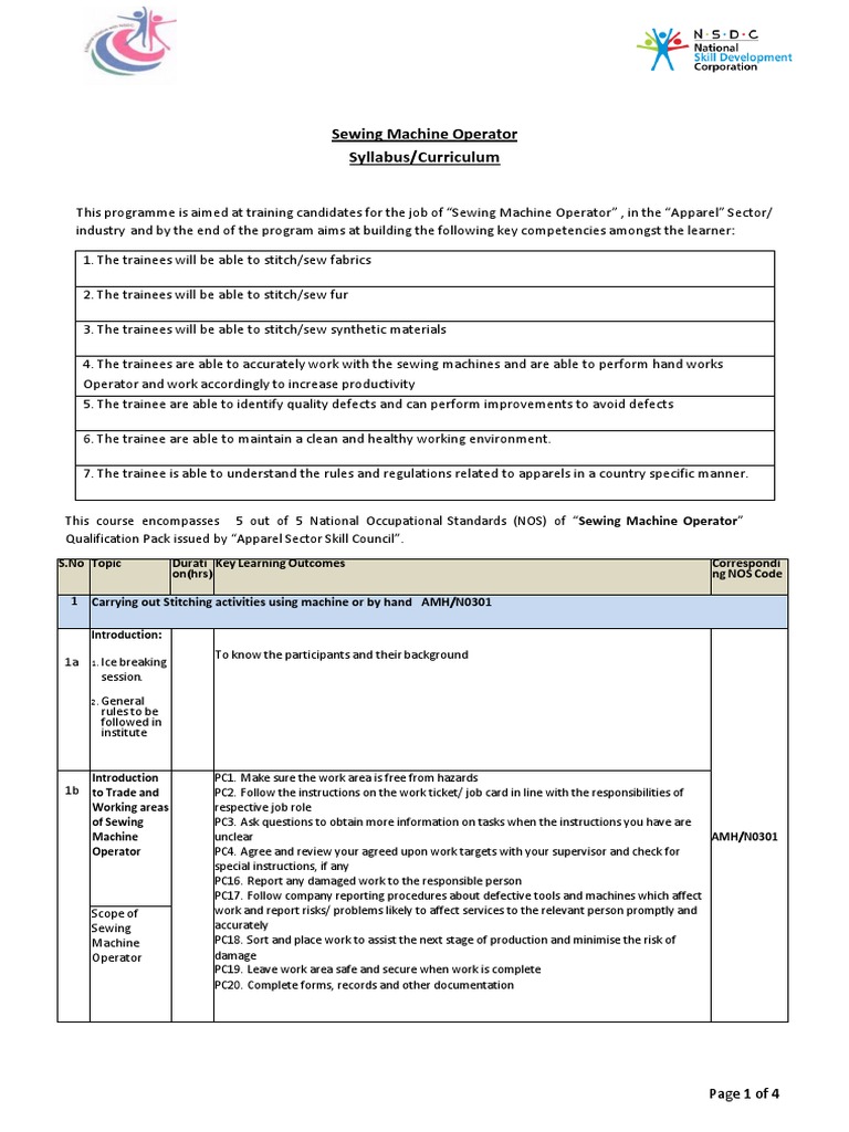 Curriculum SewingMachineOperator Sewing Sewing Machine