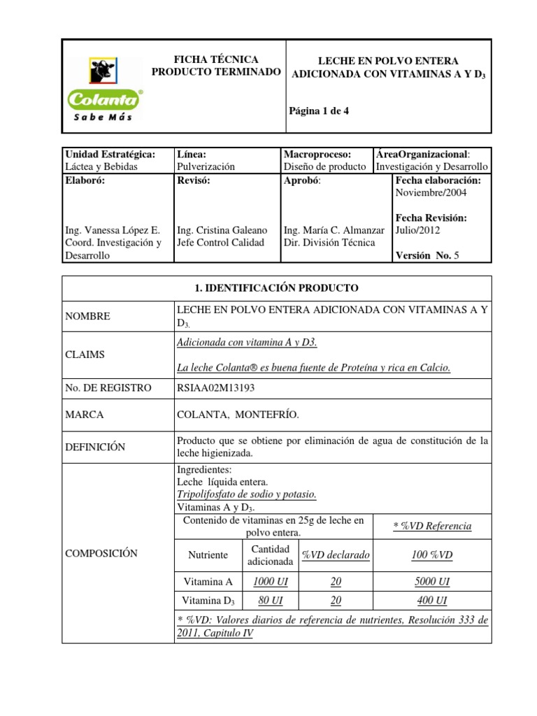 Ficha Tecnica Leche Colanta (1) Leche en polvo Leche Prueba