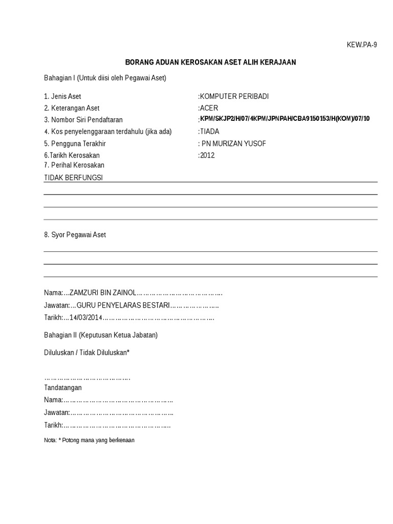 Borang Aduan Kerosakan Aset Alih Kerajaan (KEWPA-9)  PDF