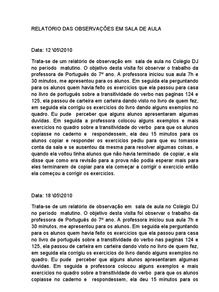 Relatório Das Observações em Sala de Aula | PDF | Lazer