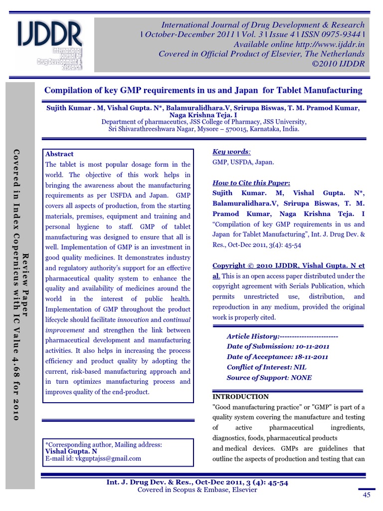 Compilation of Key GMP Requirements in Us and Japan For Tablet ...
