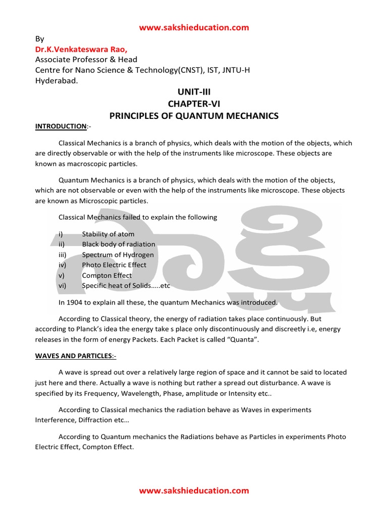 Phy Unit 3 QuantumMechanics PDF | PDF | Waves | Electron