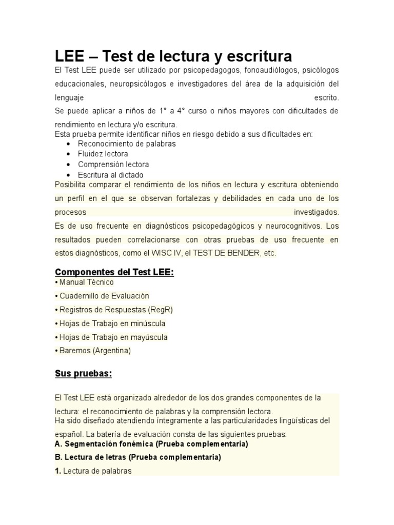 LEE - Test de Lectura y Escritura | PDF