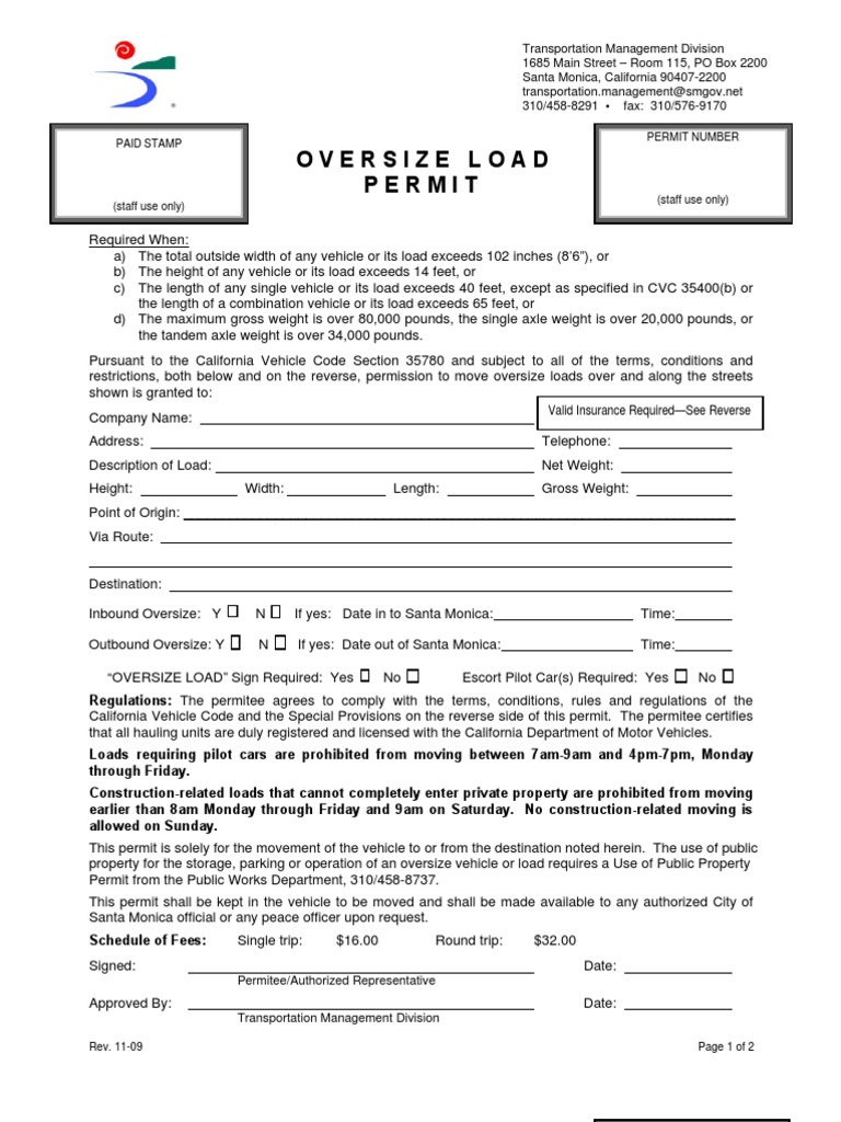 Oversize Load Permit Download Free PDF Indemnity Insurance