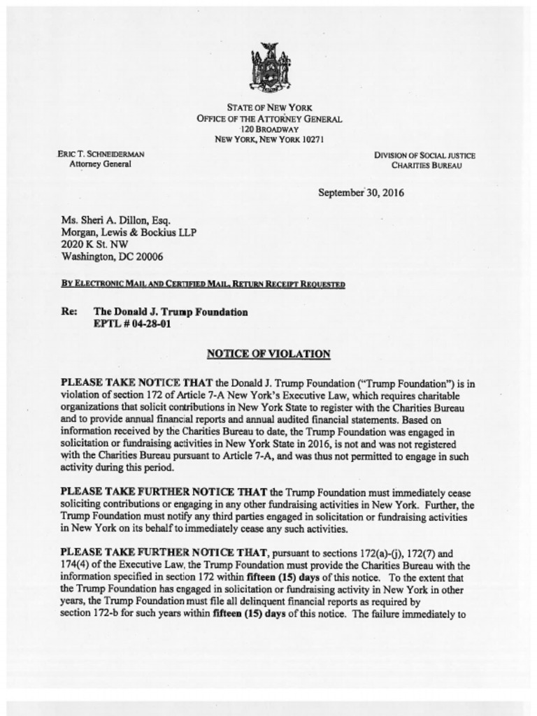 Trump Foundation Notice of Violation From New | PDF