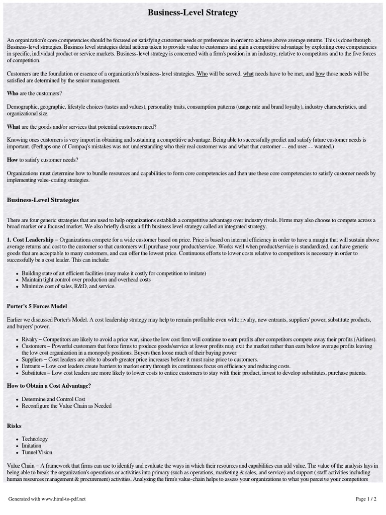 Business Level Strategy | PDF | Competition | Strategic Management