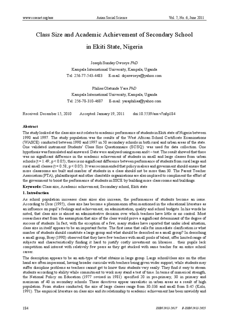 Class size and academic achievement of secondary school pdf 