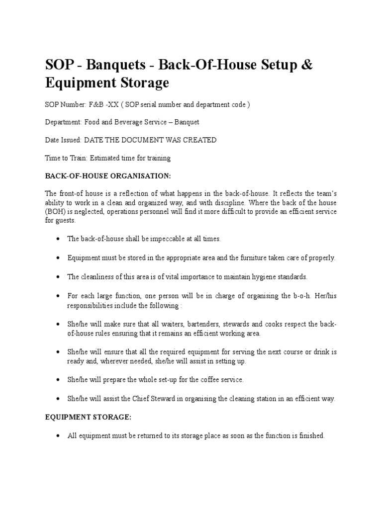 SOP Banquets BackOfHouse Setup & Equipment Storage PDF Menu