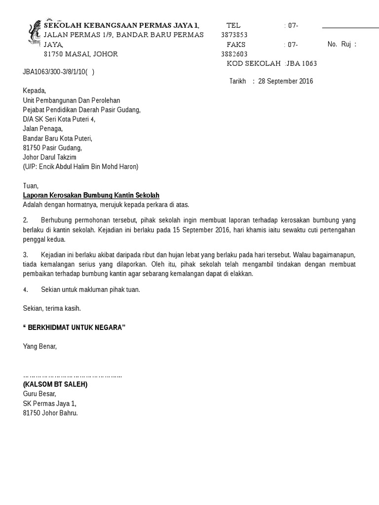 Surat Laporan Bubung Rosak Pdf