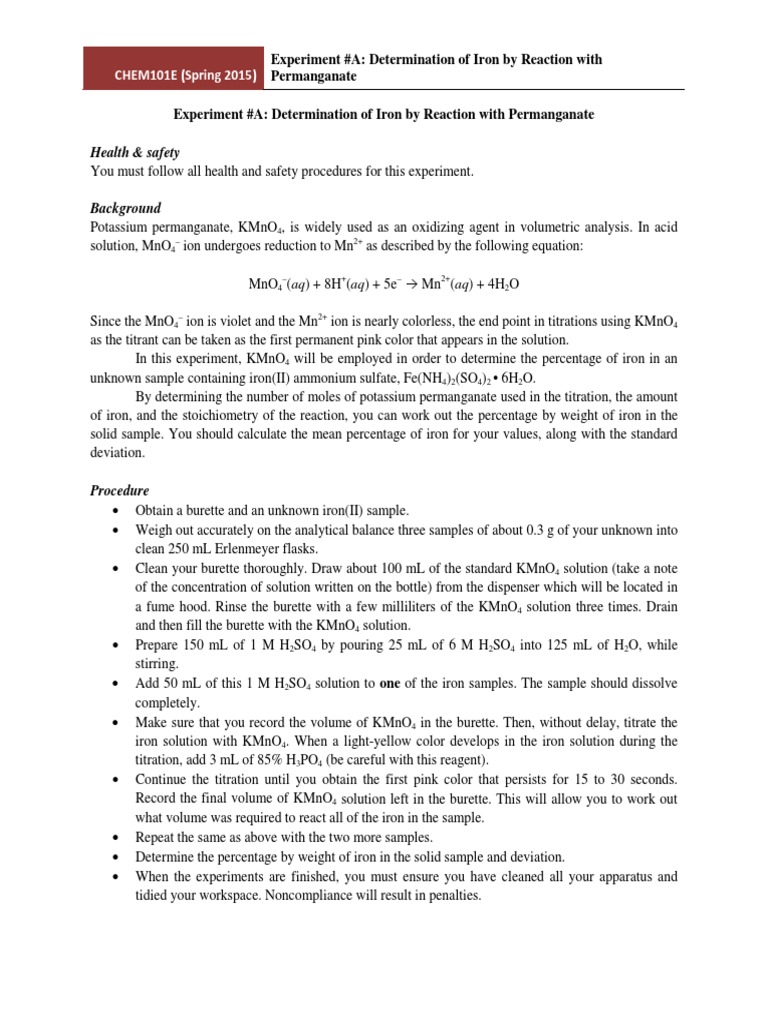 Experiment A - Determination of Iron by Titration | PDF | Titration ...
