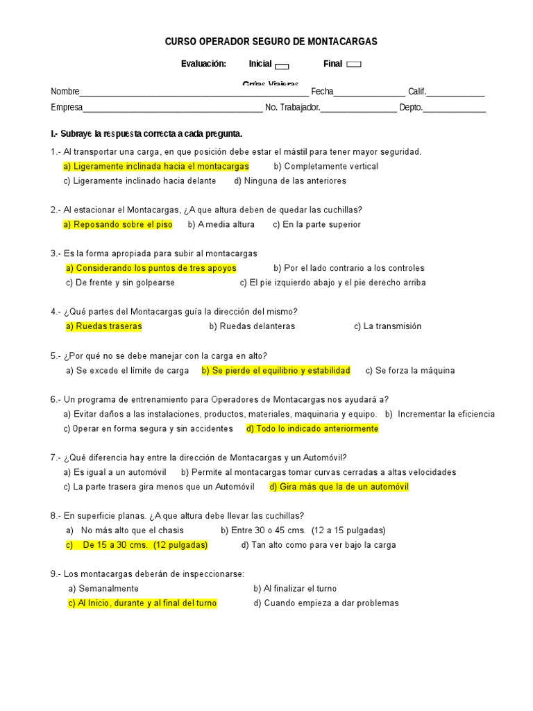 Preguntas y Respuestas Examen Montacargas | PDF | Máquina elevadora | Coche