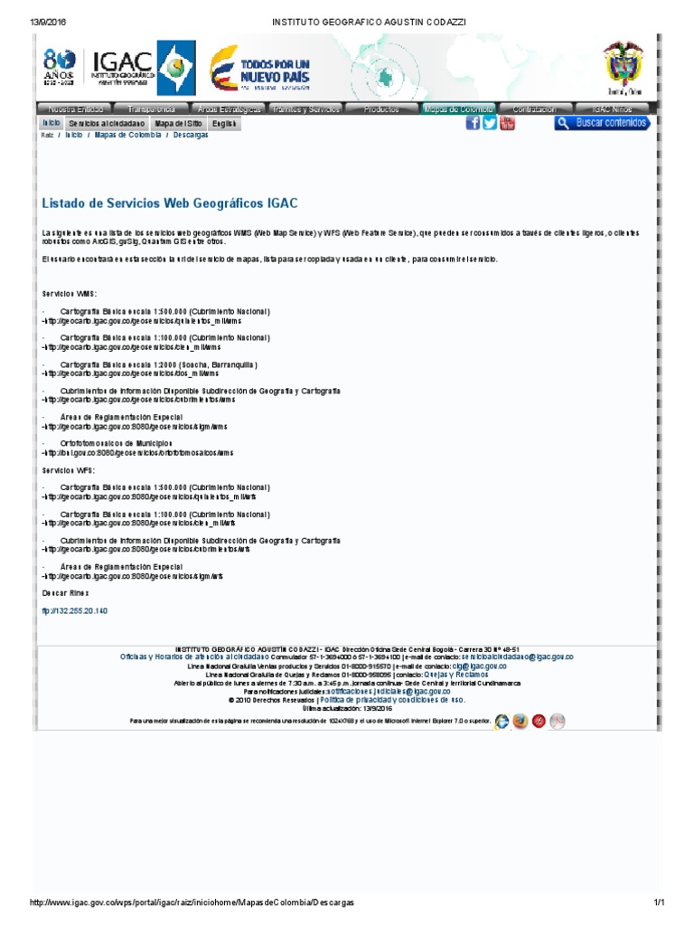 Instituto Geografico Agustin Codazzi Listado de servicios Web