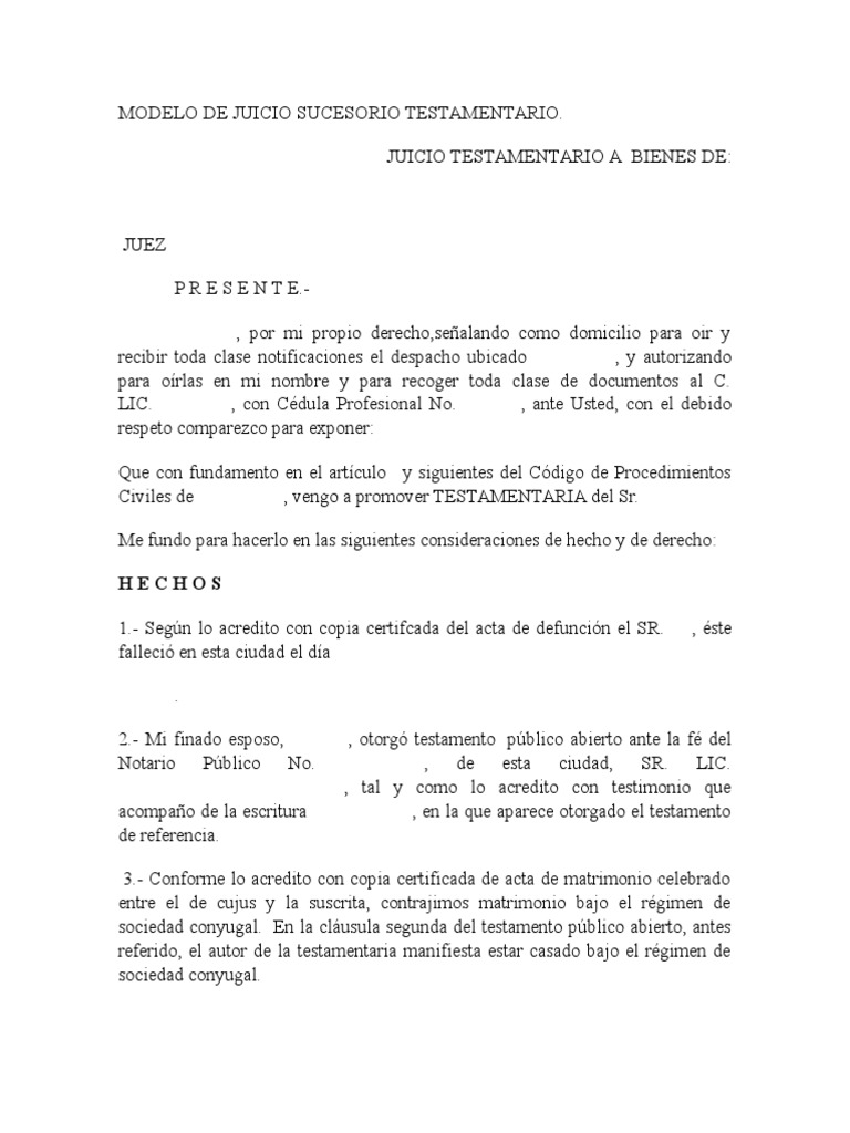 MODELO DE JUICIO SUCESORIO TESTAMENTARIO.docx Voluntad y Testamento