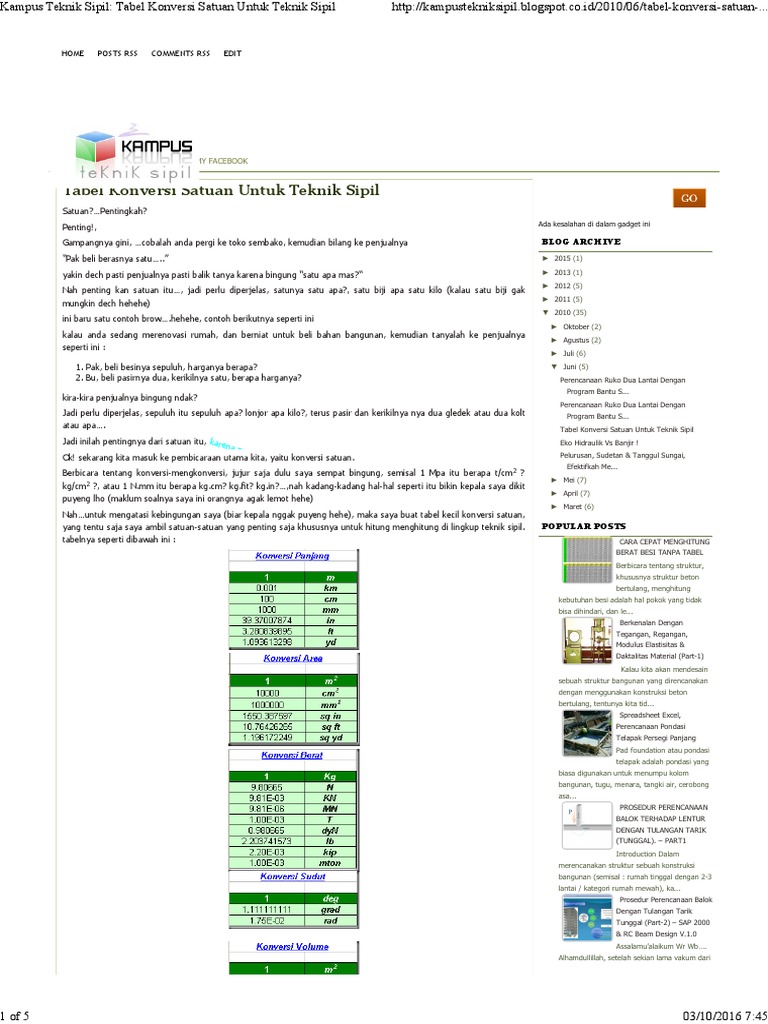 Tabel Konversi Satuan Untuk Teknik Sipil | PDF