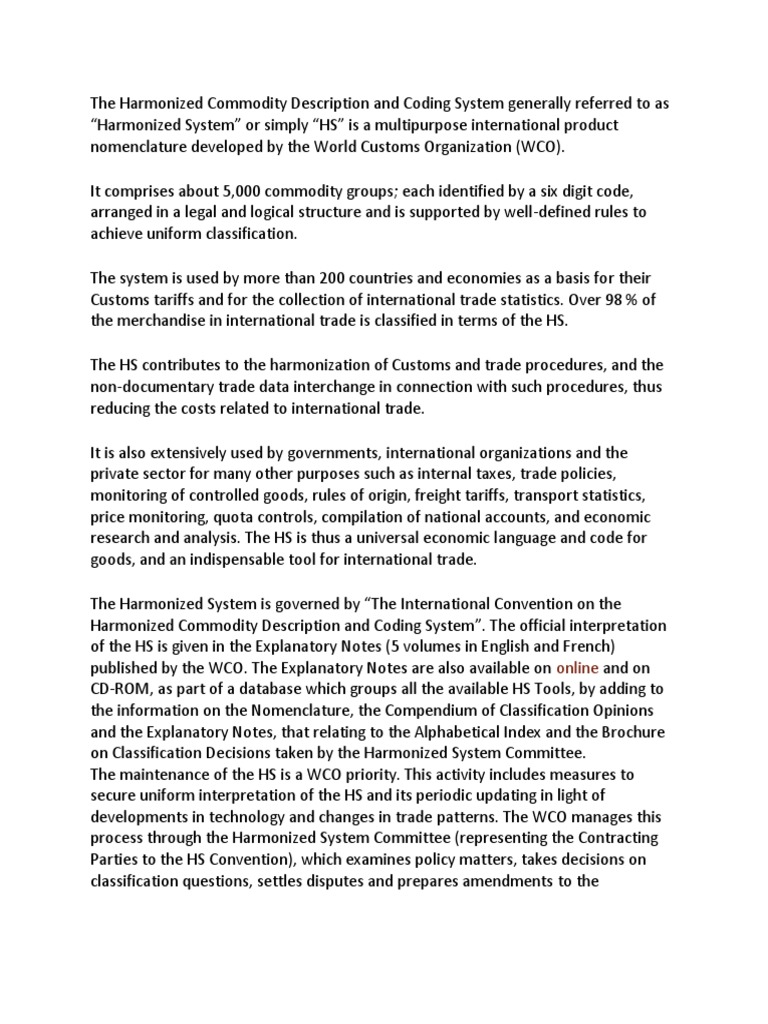 Harmonized System (HS) Code PDF Trade Global Business Organization