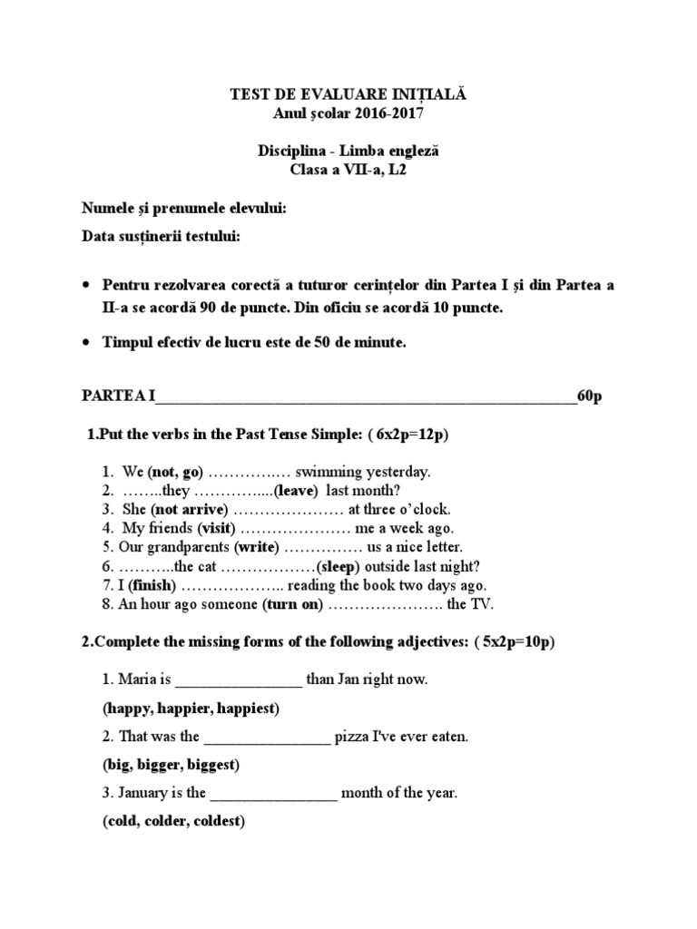 Test de Evaluare Iniţială 7 2016-2017 | PDF | Morphology | Linguistics