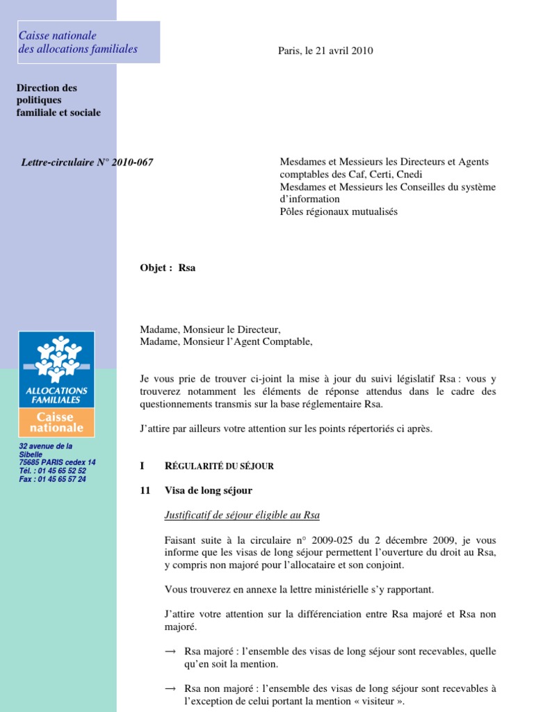 RSA Lettre Circulaire 2010067 21 Avril 2010 Impôt sur le revenu