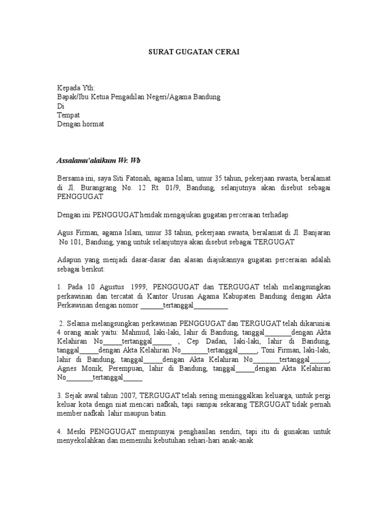 Contoh Surat Gugatan Cerai