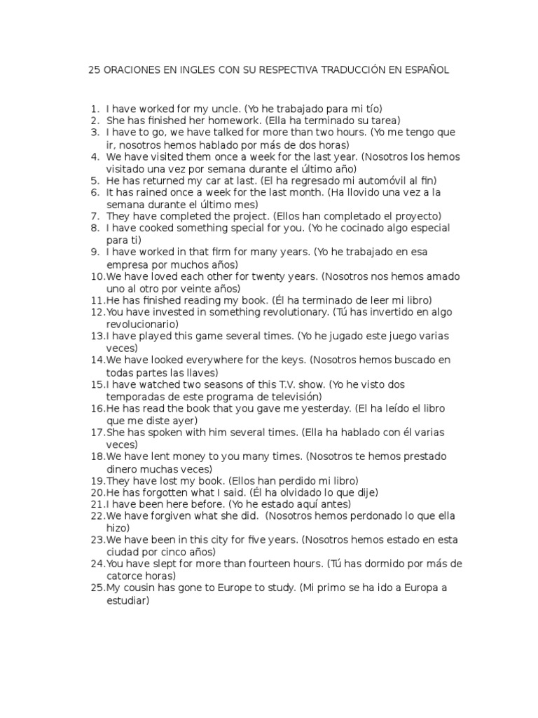 25 Oraciones en Ingles Con Su Respectiva Traducción en Español