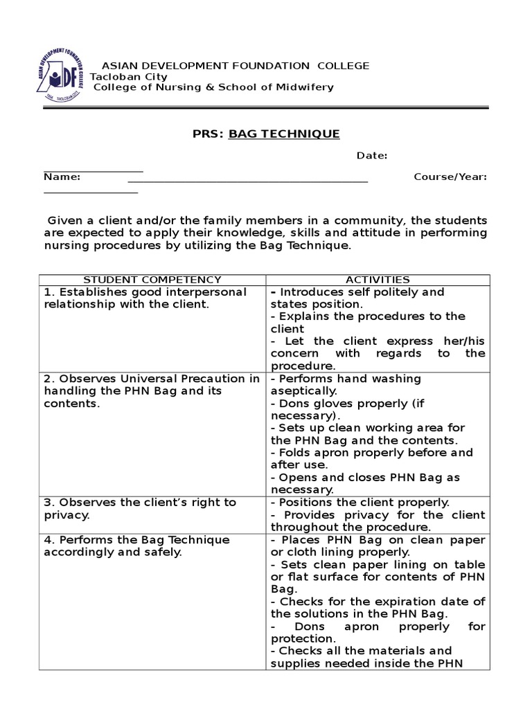 bag technique Hand Washing Nursing