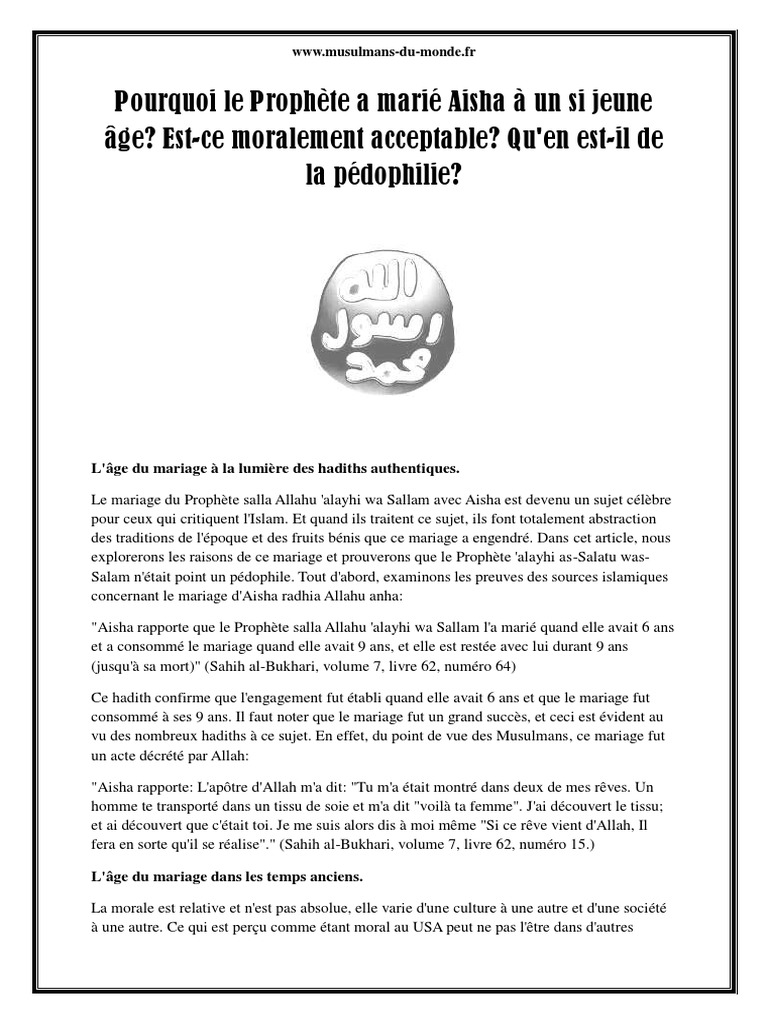 Pourquoi Le Prophete A Marie Aisha A Un Si Jeune Age Marie Mere De Jesus Saint Joseph