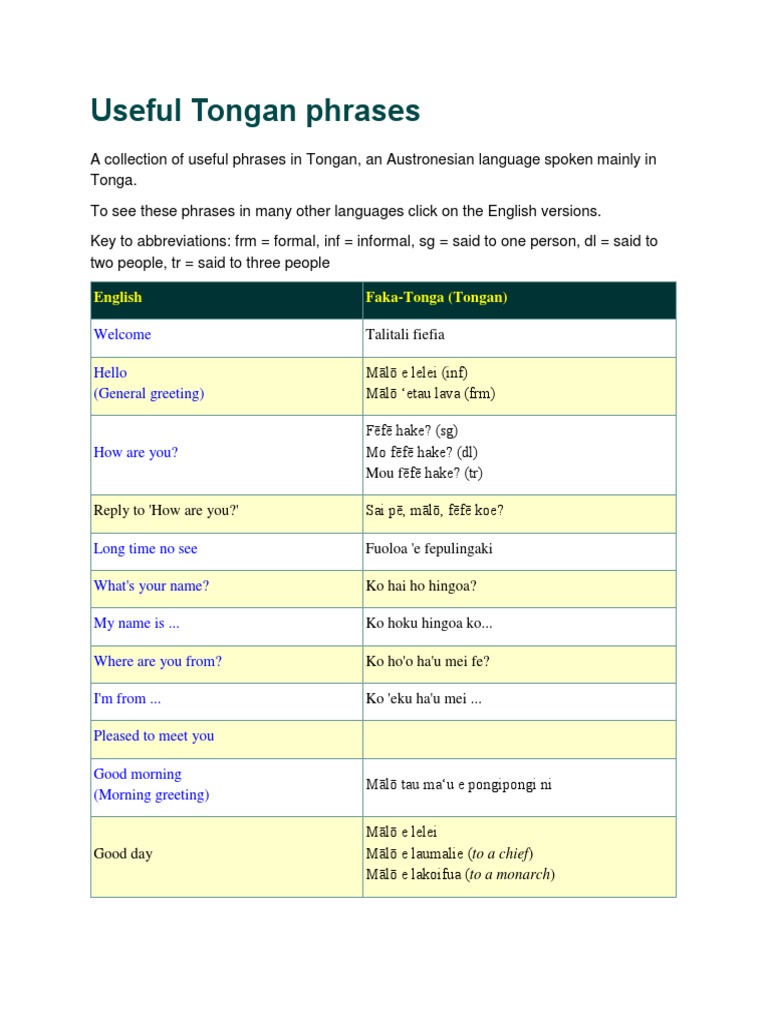 Useful Tongan Phrases Tonga Polynesia