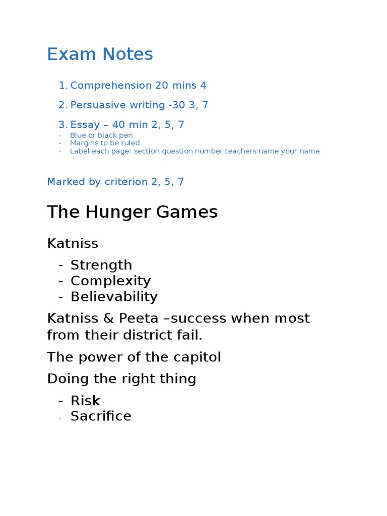 Exam Notes on The Hunger Games | PDF