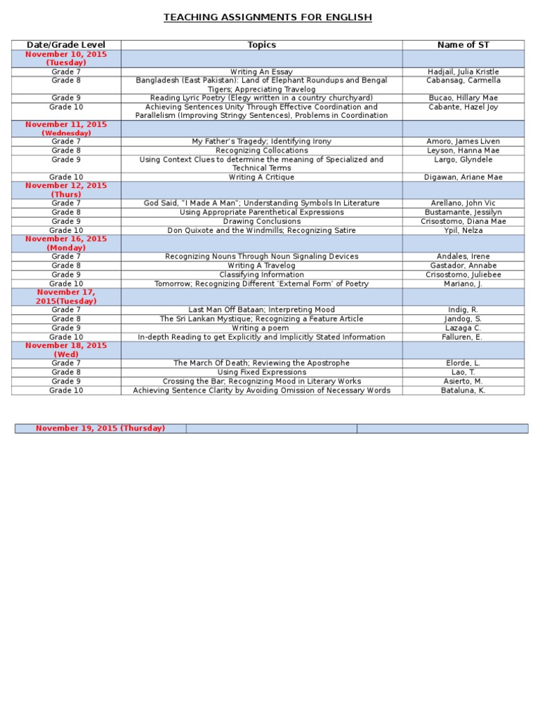English Teaching Assignments Overview | PDF | Poetry | Word