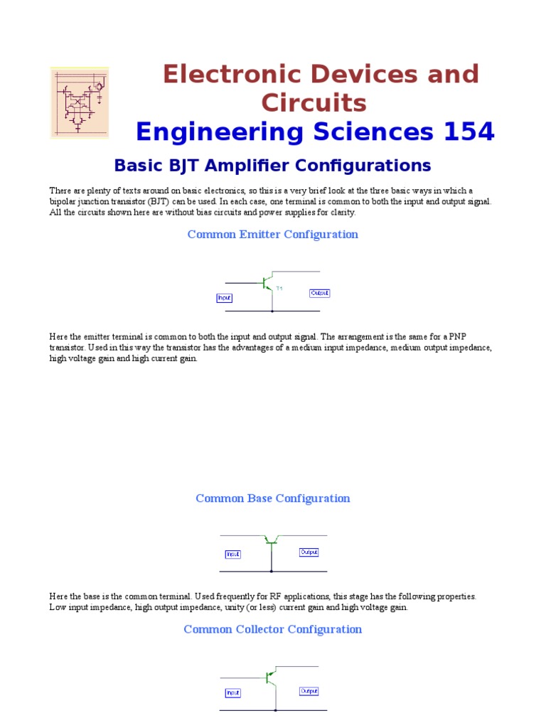 Basic BJT Amplifier Configurations PDF Bipolar Junction Transistor