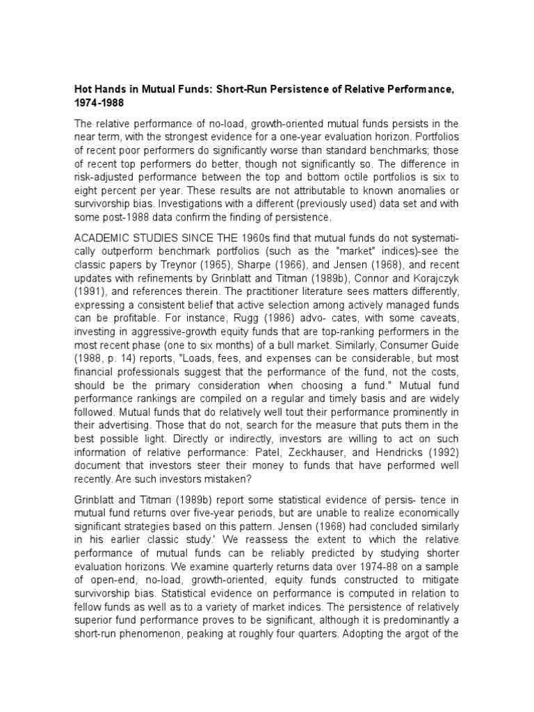 Hot Hands in Mutual Funds PDF Investment Fund Share (Finance)