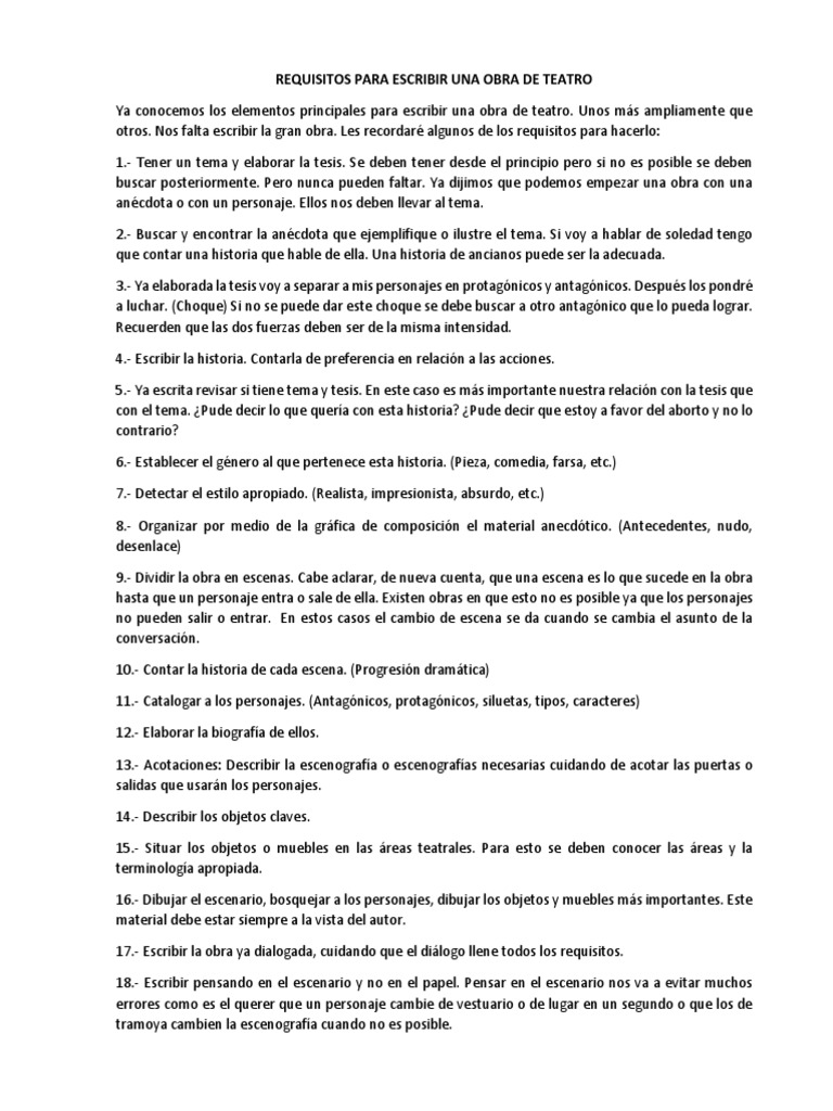 Registrarse Juguetón cortina Requisitos para Escribir Una Obra de Teatro | PDF | Teatro |  Entretenimiento (general)