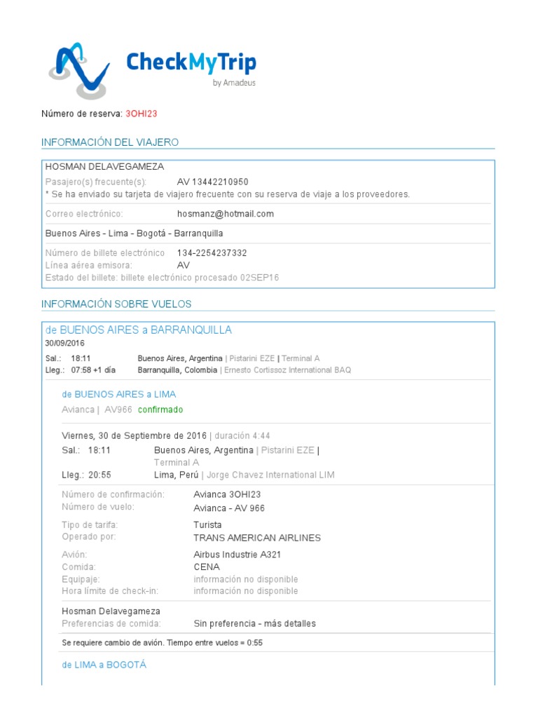 Itinerario de Vuelo Avianca 3OHI23 | PDF | aerolíneas | Aeronave