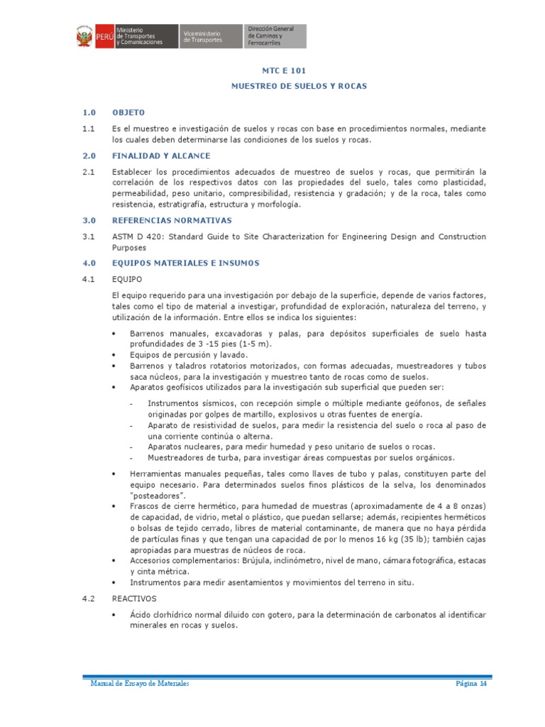 Muestreo de Suelos y Rocas MTC E 101 | PDF | Agua subterránea | Suelo