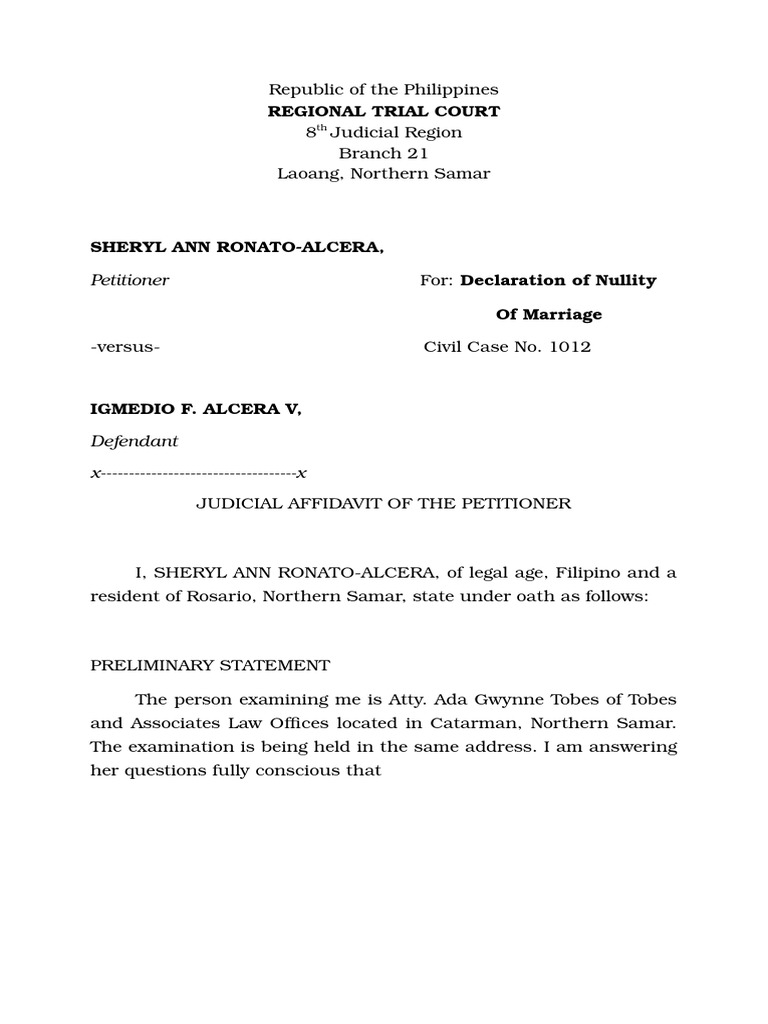 Regional Trial Court: Petitioner For: Declaration of Nullity | PDF