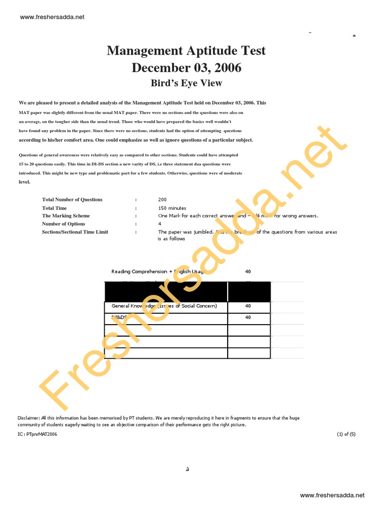Management Aptitude Test Analysis 2006 | PDF | Cognition