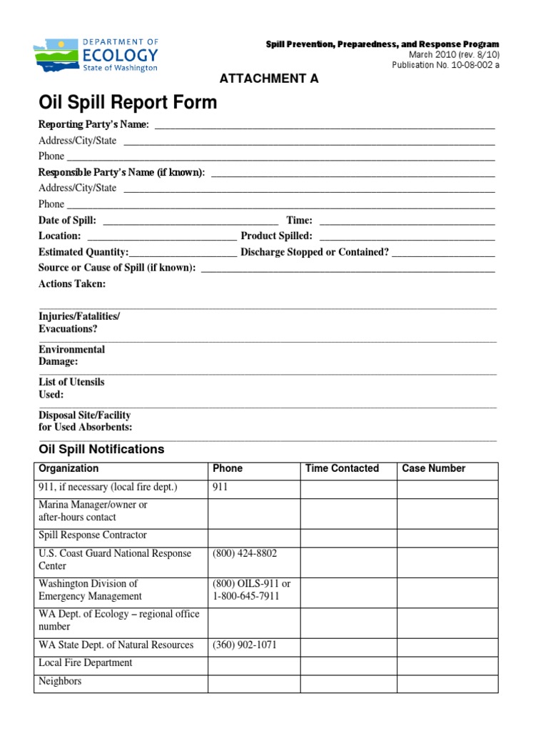 Oil Spill Report Form Attachment A PDF Oil Spill United States Coast Guard