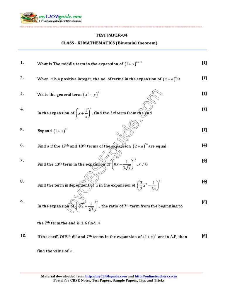 Binomial Theorem Test Paper for Class XI | PDF | Language Arts ...