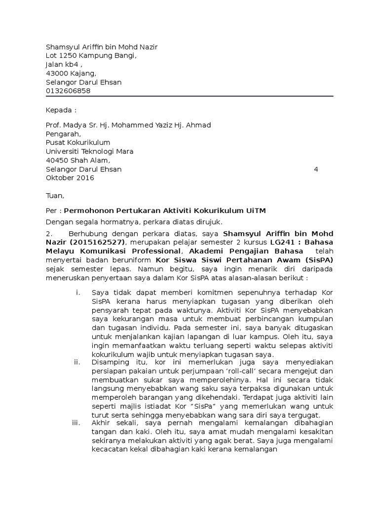 Contoh Surat Rasmi Tarik Diri Dari Pengajian