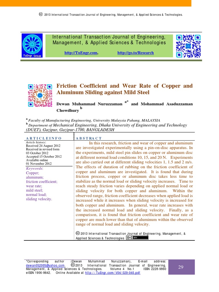Friction Coefficient and Wear Rate of Copper and PDF | PDF | Friction ...