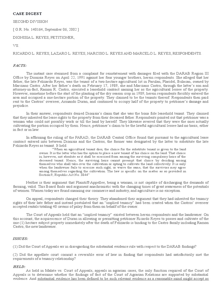 Case Digest Reyes vs. Reyes PDF Leasehold Estate Government