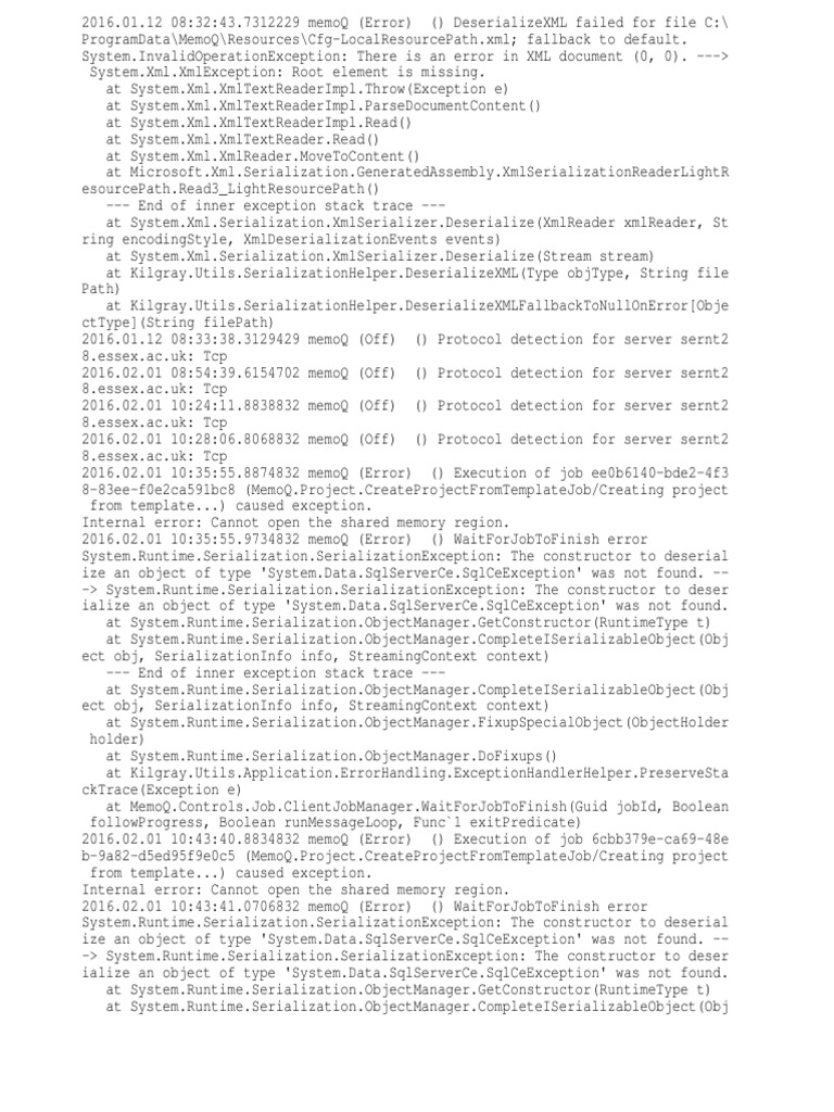MemoQ Application Error Log Documenting Serialization Exceptions and