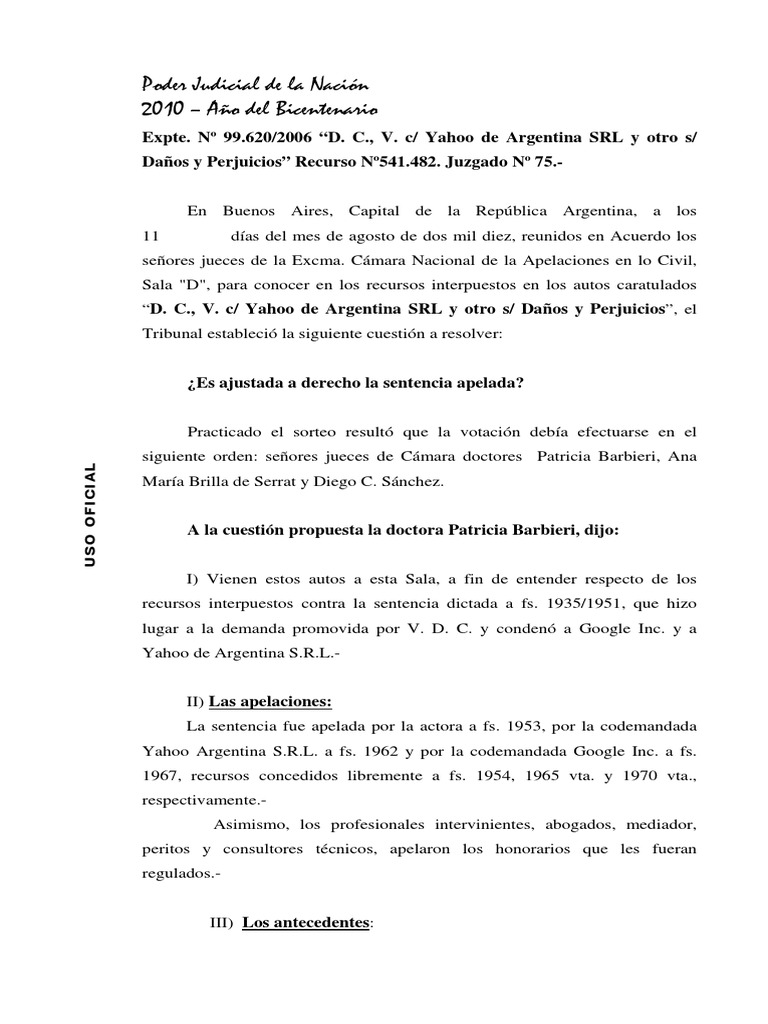 D C V C Yahoo De Argentina Srl Y Otro S Danos Y Perjuicios Internet Libertad De Expresion