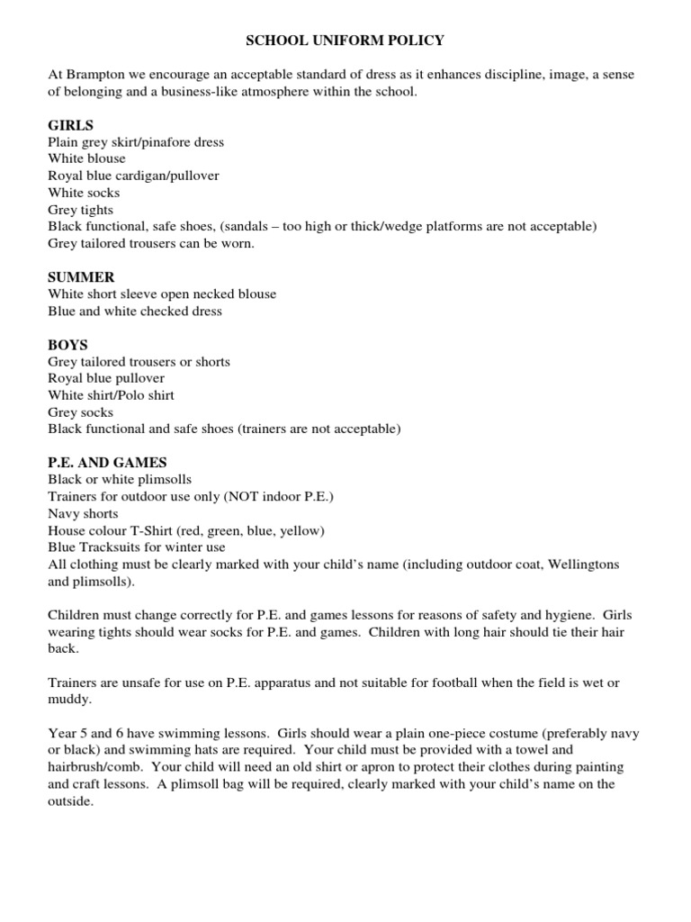 School Uniform Policy PDF Sneakers Clothing