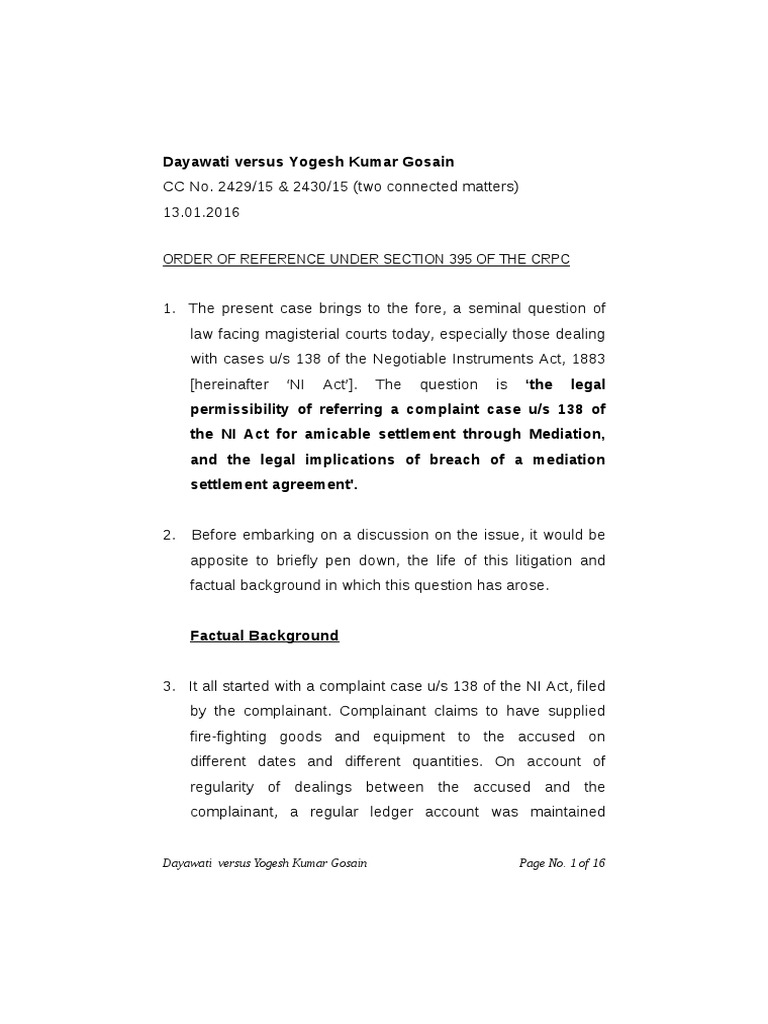 Reference Order On Mediation in Criminal Compoundable Cases Like 138 NI