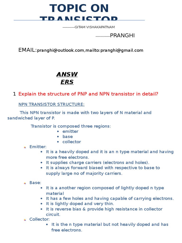 Transistors Question and Answers Doc by Pranghi PDF Bipolar Junction Transistor Field