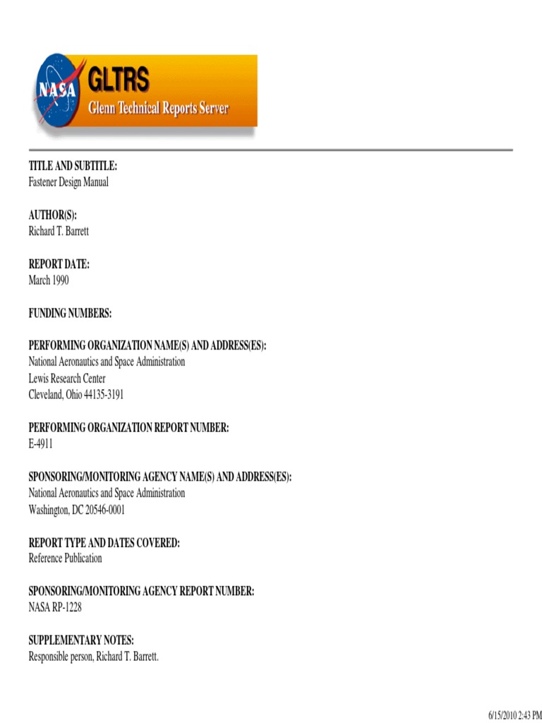 NASA Fastener Design Manual RP1228 PDF Nut (Hardware) Screw
