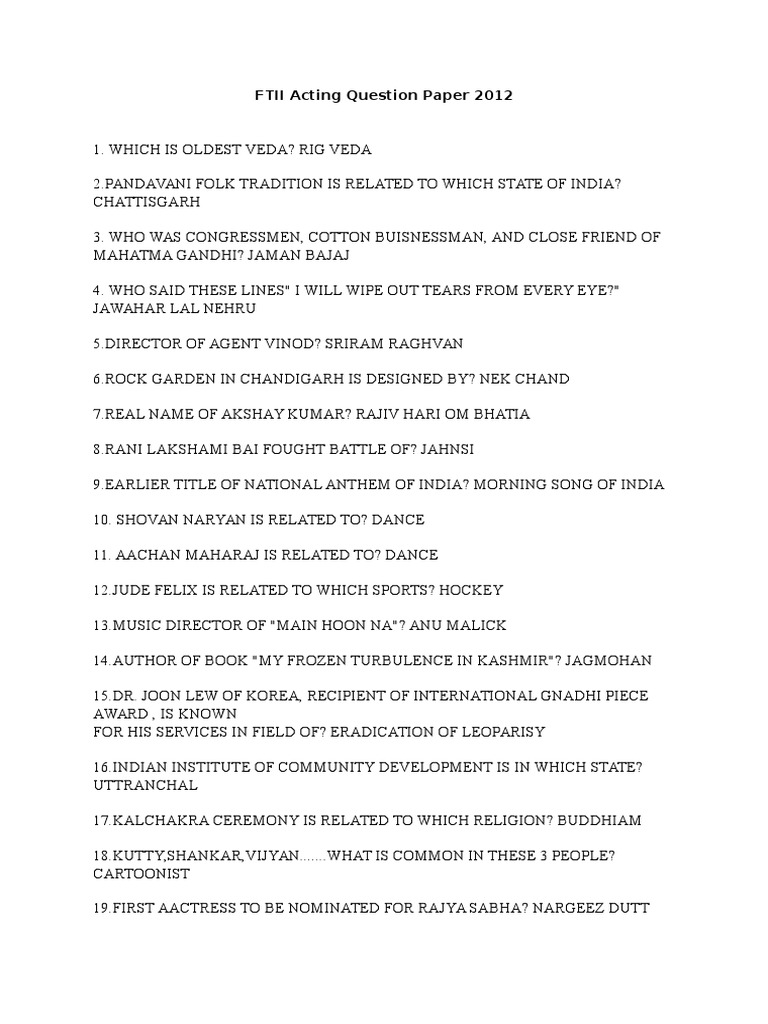 FTII Acting Question Paper 2012