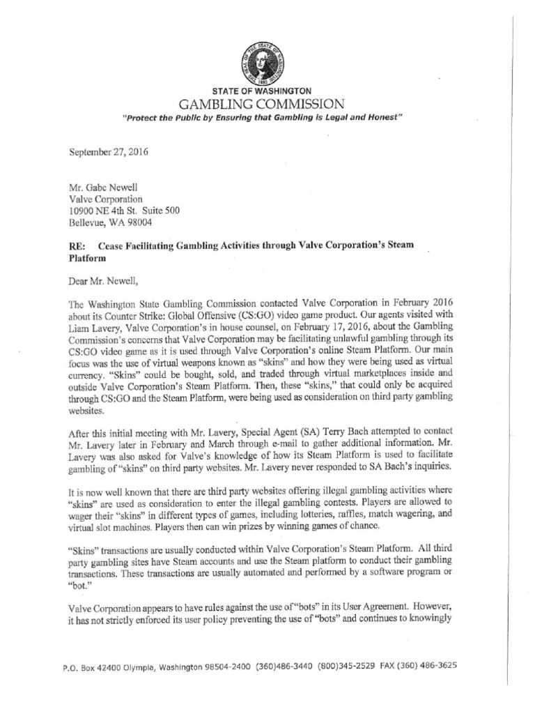Washington State Gambling Commission Letter To Valve's Gabe Newell | PDF