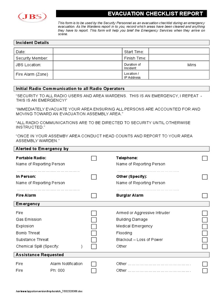 Evacuation Checklist Report for Security - January 2016 (3) | Emergency